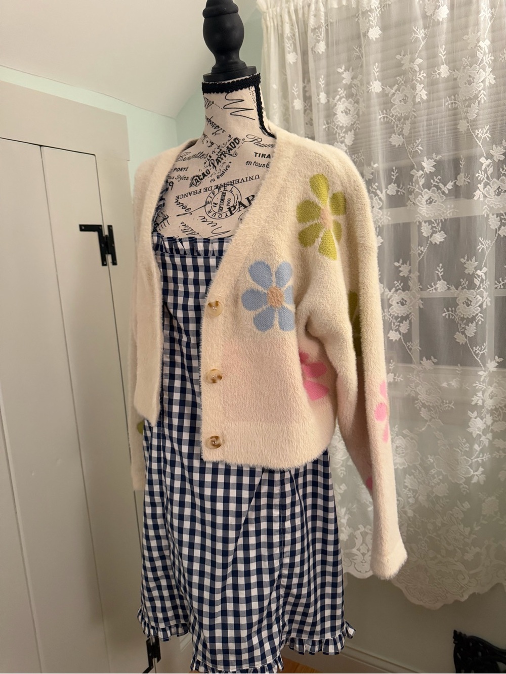Lush Cream Fuzzy Cardigan with Pink, Blue & Green Floral Motif